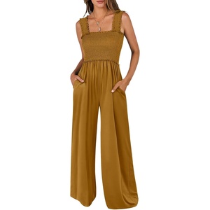 image:imageANRABESS Jumpsuits for Women Casual Smocked Sleeveless Wide Leg Comfy Rompers With Pockets Summer Vacation amp Dressy WearBrownish Yellow