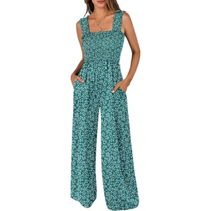 image:imageANRABESS Jumpsuits for Women Casual Smocked Sleeveless Wide Leg Comfy Rompers With Pockets Summer Vacation amp Dressy WearDeep Green Floral