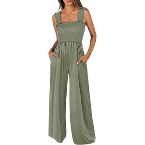 image:imageANRABESS Jumpsuits for Women Casual Smocked Sleeveless Wide Leg Comfy Rompers With Pockets Summer Vacation amp Dressy WearOlive