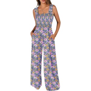 image:imageANRABESS Jumpsuits for Women Casual Smocked Sleeveless Wide Leg Comfy Rompers With Pockets Summer Vacation amp Dressy WearPurple Flora