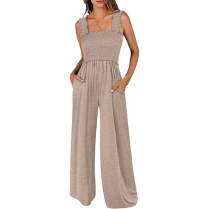image:imageANRABESS Jumpsuits for Women Casual Smocked Sleeveless Wide Leg Comfy Rompers With Pockets Summer Vacation amp Dressy WearTaupe