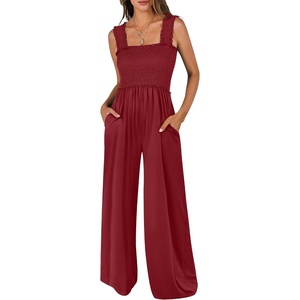 image:imageANRABESS Jumpsuits for Women Casual Smocked Sleeveless Wide Leg Comfy Rompers With Pockets Summer Vacation amp Dressy WearWine Red