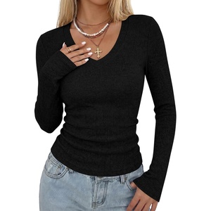 image:imageANRABESS Long Sleeve V Neck Ribbed Shirts for Women  Slim Fitted Knit Tops Comfy Lightweight Sweaters Casual Work Basic TShirts Fall Winter Layering ClothesBlack