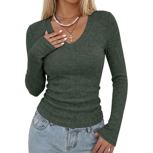 image:imageANRABESS Long Sleeve V Neck Ribbed Shirts for Women  Slim Fitted Knit Tops Comfy Lightweight Sweaters Casual Work Basic TShirts Fall Winter Layering ClothesDeep Green