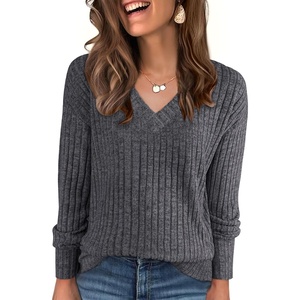 image:imageANRABESS Ribbed V Neck Long Sleeve Shirts for Women  Soft lightweight Sweaters Loose Fit Office Work Casual Daily Wear Tunic 2026 Fall Winter Transition OutfitsDeep Grey