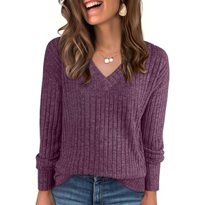 image:imageANRABESS Ribbed V Neck Long Sleeve Shirts for Women  Soft lightweight Sweaters Loose Fit Office Work Casual Daily Wear Tunic 2026 Fall Winter Transition OutfitsDeep Purple