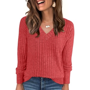 image:imageANRABESS Ribbed V Neck Long Sleeve Shirts for Women  Soft lightweight Sweaters Loose Fit Office Work Casual Daily Wear Tunic 2026 Fall Winter Transition OutfitsBright Red