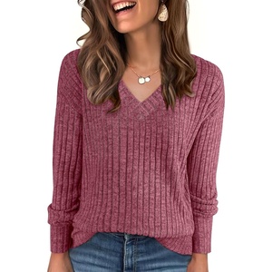 image:imageANRABESS Ribbed V Neck Long Sleeve Shirts for Women  Soft lightweight Sweaters Loose Fit Office Work Casual Daily Wear Tunic 2026 Fall Winter Transition OutfitsRed