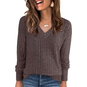 image:imageANRABESS Ribbed V Neck Long Sleeve Shirts for Women  Soft lightweight Sweaters Loose Fit Office Work Casual Daily Wear Tunic 2026 Fall Winter Transition OutfitsDeep Brown