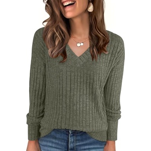 image:imageANRABESS Ribbed V Neck Long Sleeve Shirts for Women  Soft lightweight Sweaters Loose Fit Office Work Casual Daily Wear Tunic 2026 Fall Winter Transition OutfitsDeep Green
