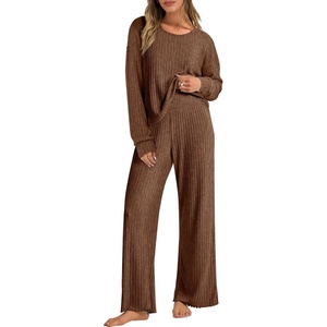 image:imageANRABESS Women 2 Piece Lounge Pajamas Sets Casual Ribbed Knit Long Sleeve Top Pants Matching Set 2026 Fall Outfits ClothesBrown