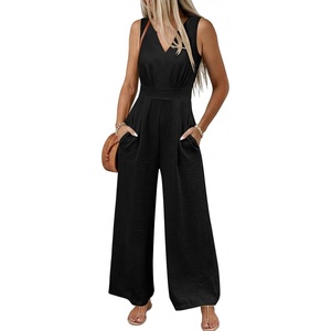 image:imageANRABESS Women Jumpsuits 2026 Casual Sleeveless V Neck Wide Leg Jumper Romper Beach Vacation Clothes Summer One Piece OutfitsBlack