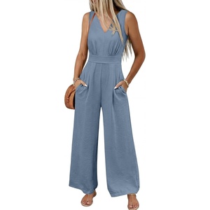 image:imageANRABESS Women Jumpsuits 2026 Casual Sleeveless V Neck Wide Leg Jumper Romper Beach Vacation Clothes Summer One Piece OutfitsGrey Blue