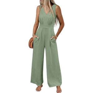 image:imageANRABESS Women Jumpsuits 2026 Casual Sleeveless V Neck Wide Leg Jumper Romper Beach Vacation Clothes Summer One Piece OutfitsLight Green