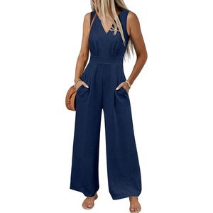 image:imageANRABESS Women Jumpsuits 2026 Casual Sleeveless V Neck Wide Leg Jumper Romper Beach Vacation Clothes Summer One Piece OutfitsNavy Blue