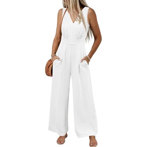 image:imageANRABESS Women Jumpsuits 2026 Casual Sleeveless V Neck Wide Leg Jumper Romper Beach Vacation Clothes Summer One Piece OutfitsWhite