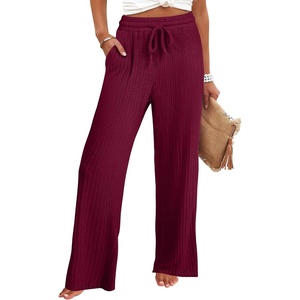 image:imageANRABESS Women Ribbed Knit Pajama Pants with Pockets  Soft Fuzzy Comfy Wide Leg Pants Lounge Drawstring Fall Loose Pj Bottoms TrousersBurgundy