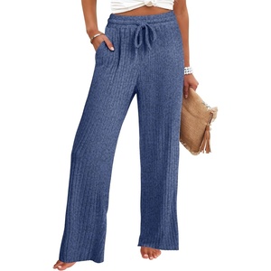 image:imageANRABESS Women Ribbed Knit Pajama Pants with Pockets  Soft Fuzzy Comfy Wide Leg Pants Lounge Drawstring Fall Loose Pj Bottoms TrousersDark Blue