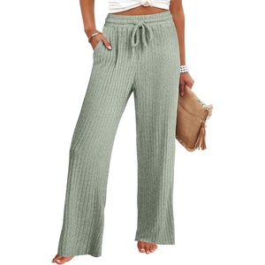 image:imageANRABESS Women Ribbed Knit Pajama Pants with Pockets  Soft Fuzzy Comfy Wide Leg Pants Lounge Drawstring Fall Loose Pj Bottoms TrousersLight Green