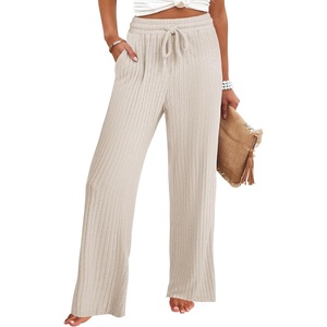 image:imageANRABESS Women Ribbed Knit Pajama Pants with Pockets  Soft Fuzzy Comfy Wide Leg Pants Lounge Drawstring Fall Loose Pj Bottoms TrousersLight Khaki