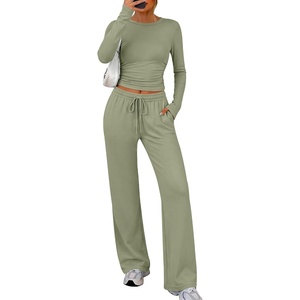 image:imageANRABESS Womens 2 Piece Soft Comfy Lounge Sets  Long Sleeve Side Ruching Top Wide Leg Drawstring Pants with Pockets Airport Travel Matching Set Fall Winter OutfitsLight Green