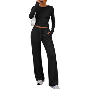 image:imageANRABESS Womens 2 Piece Soft Comfy Lounge Sets  Long Sleeve Side Ruching Top Wide Leg Drawstring Pants with Pockets Airport Travel Matching Set Fall Winter OutfitsBlack