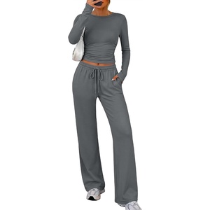 image:imageANRABESS Womens 2 Piece Soft Comfy Lounge Sets  Long Sleeve Side Ruching Top Wide Leg Drawstring Pants with Pockets Airport Travel Matching Set Fall Winter OutfitsDeep Grey