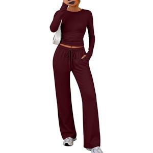 image:imageANRABESS Womens 2 Piece Soft Comfy Lounge Sets  Long Sleeve Side Ruching Top Wide Leg Drawstring Pants with Pockets Airport Travel Matching Set Fall Winter OutfitsDeep Red