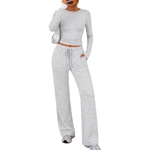 image:imageANRABESS Womens 2 Piece Soft Comfy Lounge Sets  Long Sleeve Side Ruching Top Wide Leg Drawstring Pants with Pockets Airport Travel Matching Set Fall Winter OutfitsLight Grey