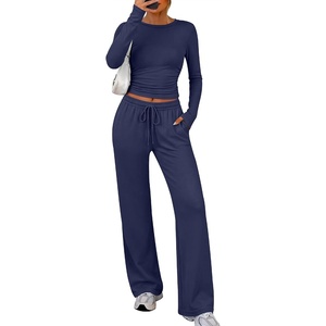 image:imageANRABESS Womens 2 Piece Soft Comfy Lounge Sets  Long Sleeve Side Ruching Top Wide Leg Drawstring Pants with Pockets Airport Travel Matching Set Fall Winter OutfitsNavy Blue