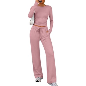image:imageANRABESS Womens 2 Piece Soft Comfy Lounge Sets  Long Sleeve Side Ruching Top Wide Leg Drawstring Pants with Pockets Airport Travel Matching Set Fall Winter OutfitsPink