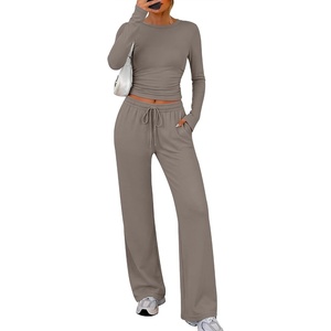 image:imageANRABESS Womens 2 Piece Soft Comfy Lounge Sets  Long Sleeve Side Ruching Top Wide Leg Drawstring Pants with Pockets Airport Travel Matching Set Fall Winter OutfitsBrown