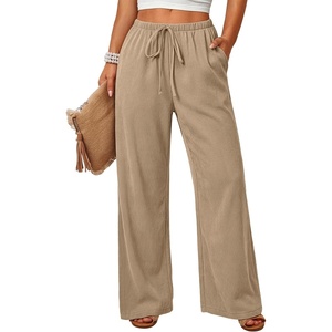 image:imageANRABESS Womens Baggy Wide Leg Palazzo Pants  Loose Fit Drawstring Elastic Waist Trousers with Pockets Casual Flowy Lounge Work Outfits 2026 Fall summer ClothesKhaki