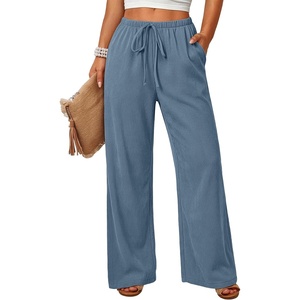 image:imageANRABESS Womens Baggy Wide Leg Palazzo Pants  Loose Fit Drawstring Elastic Waist Trousers with Pockets Casual Flowy Lounge Work Outfits 2026 Fall summer ClothesDustyblue