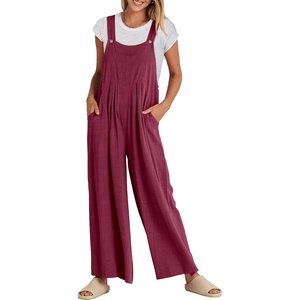 image:imageANRABESS Womens Jumpsuits Overalls Linen Wide Leg Jumpers Casual Summer Fall Outfits 2026 Beach Vacation Clothes with PocketsFuchsia
