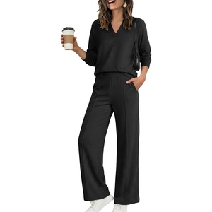 image:imageANRABESS Womens Long Sleeve Notched V Neck 2 Piece Set  Raglan Sweatshirt amp Wide Leg Pants Loose WrinkleFree Sweatsuit Daily Airport Matching Lounge sets Fall Winter OutfitsBlack