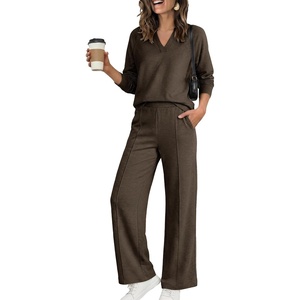 image:imageANRABESS Womens Long Sleeve Notched V Neck 2 Piece Set  Raglan Sweatshirt amp Wide Leg Pants Loose WrinkleFree Sweatsuit Daily Airport Matching Lounge sets Fall Winter OutfitsDark Brown