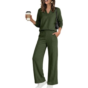 image:imageANRABESS Womens Long Sleeve Notched V Neck 2 Piece Set  Raglan Sweatshirt amp Wide Leg Pants Loose WrinkleFree Sweatsuit Daily Airport Matching Lounge sets Fall Winter OutfitsArmy Green