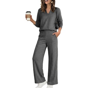 image:imageANRABESS Womens Long Sleeve Notched V Neck 2 Piece Set  Raglan Sweatshirt amp Wide Leg Pants Loose WrinkleFree Sweatsuit Daily Airport Matching Lounge sets Fall Winter OutfitsDark Grey