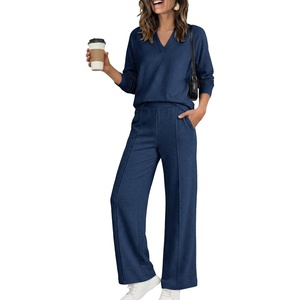 image:imageANRABESS Womens Long Sleeve Notched V Neck 2 Piece Set  Raglan Sweatshirt amp Wide Leg Pants Loose WrinkleFree Sweatsuit Daily Airport Matching Lounge sets Fall Winter OutfitsNavy Blue
