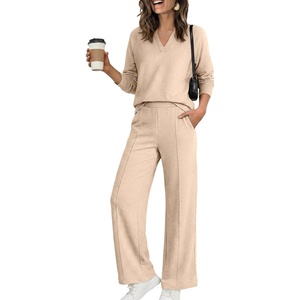 image:imageANRABESS Womens Long Sleeve Notched V Neck 2 Piece Set  Raglan Sweatshirt amp Wide Leg Pants Loose WrinkleFree Sweatsuit Daily Airport Matching Lounge sets Fall Winter OutfitsAlmond