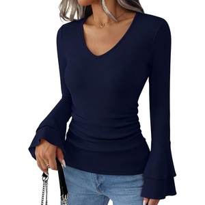 image:imageANRABESS Womens Long Sleeve V Neck Ribbed Knit Shirts  Soft Slim Fit Tops Bell Sleeve Ruched Blouses Fashion Going out Tshirt Dressy Casual Elegant Fall Winter Spring ClothesNavy Blue