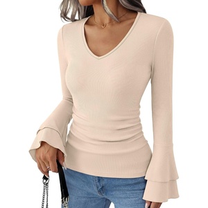 image:imageANRABESS Womens Long Sleeve V Neck Ribbed Knit Shirts  Soft Slim Fit Tops Bell Sleeve Ruched Blouses Fashion Going out Tshirt Dressy Casual Elegant Fall Winter Spring ClothesBeige