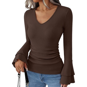 image:imageANRABESS Womens Long Sleeve V Neck Ribbed Knit Shirts  Soft Slim Fit Tops Bell Sleeve Ruched Blouses Fashion Going out Tshirt Dressy Casual Elegant Fall Winter Spring ClothesCoffee