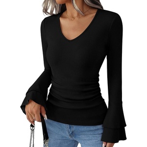 image:imageANRABESS Womens Long Sleeve V Neck Ribbed Knit Shirts  Soft Slim Fit Tops Bell Sleeve Ruched Blouses Fashion Going out Tshirt Dressy Casual Elegant Fall Winter Spring ClothesBlack