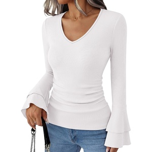 image:imageANRABESS Womens Long Sleeve V Neck Ribbed Knit Shirts  Soft Slim Fit Tops Bell Sleeve Ruched Blouses Fashion Going out Tshirt Dressy Casual Elegant Fall Winter Spring ClothesWhite