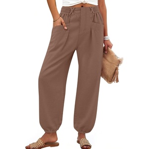 image:imageANRABESS Womens Pants Elastic Waist Summer Casual Harem Barrel Lounge Work Slacks Cropped Beach Vacation Clothes with PocketsBrown