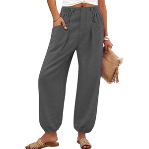 image:imageANRABESS Womens Pants Elastic Waist Summer Casual Harem Barrel Lounge Work Slacks Cropped Beach Vacation Clothes with PocketsDark Gray