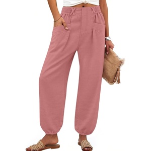 image:imageANRABESS Womens Pants Elastic Waist Summer Casual Harem Barrel Lounge Work Slacks Cropped Beach Vacation Clothes with PocketsDusty Rose