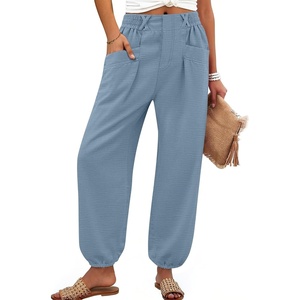 image:imageANRABESS Womens Pants Elastic Waist Summer Casual Harem Barrel Lounge Work Slacks Cropped Beach Vacation Clothes with PocketsGrey Blue